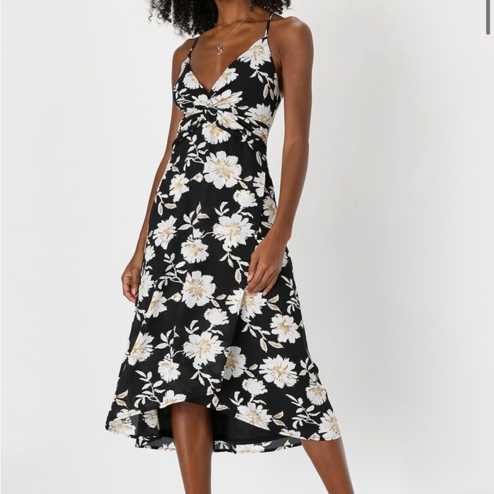 Lulu’s Black Floral Print Knotted Faux-Wrap Midi Dress